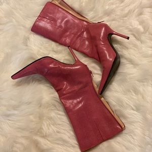 Pink high heel calf length boot with zipper